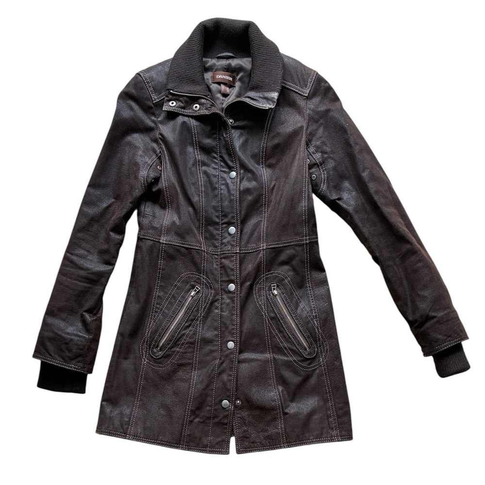 Danier Women’s Brown Leather Mid-Length Jacket Size 3XS Fits XS